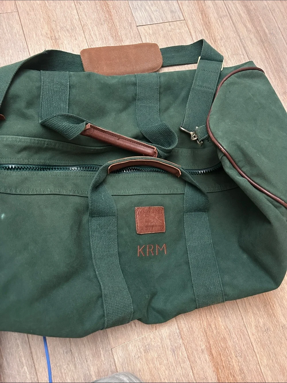VTG Lands' End Dark Green Canvas Duffel with Brown Trim large square rigger